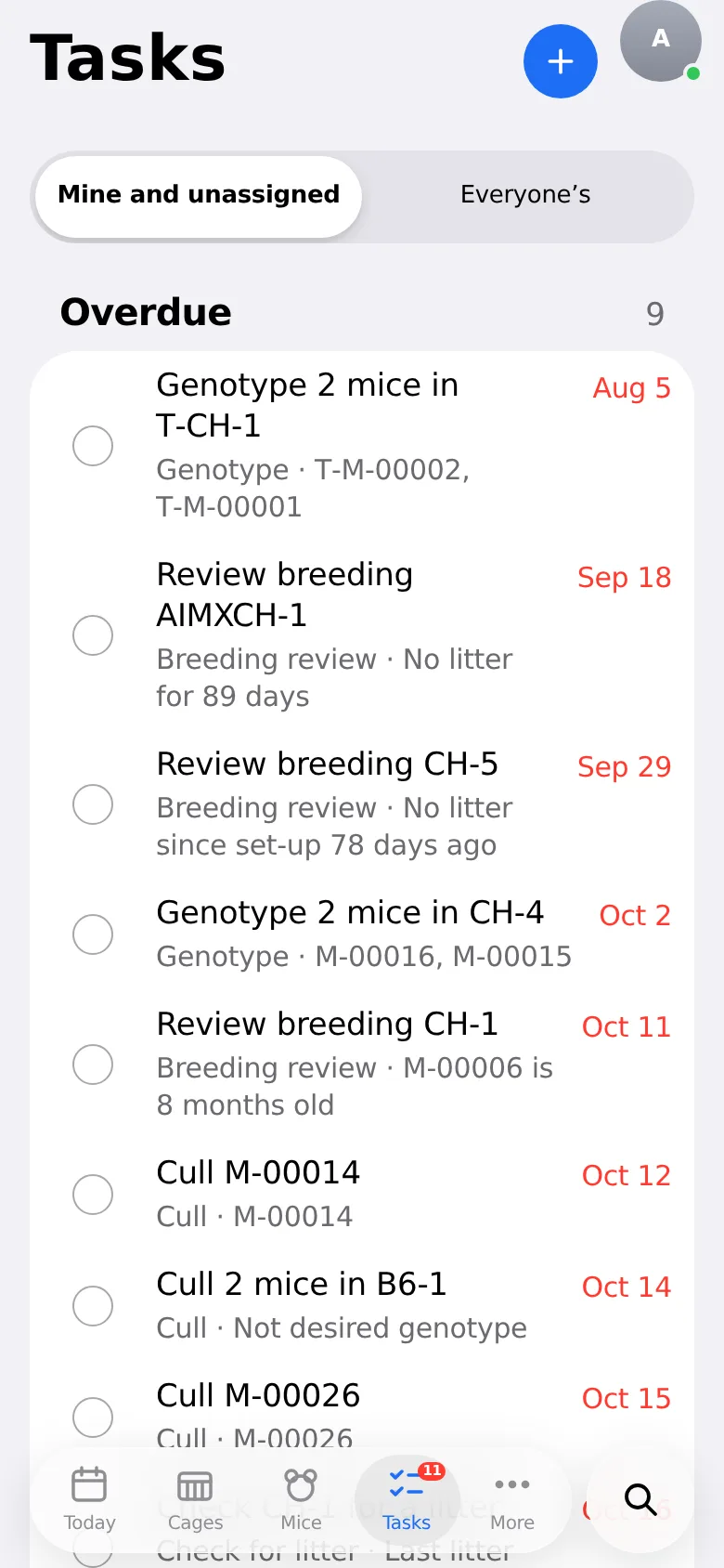 The Tasks list with overdue items first